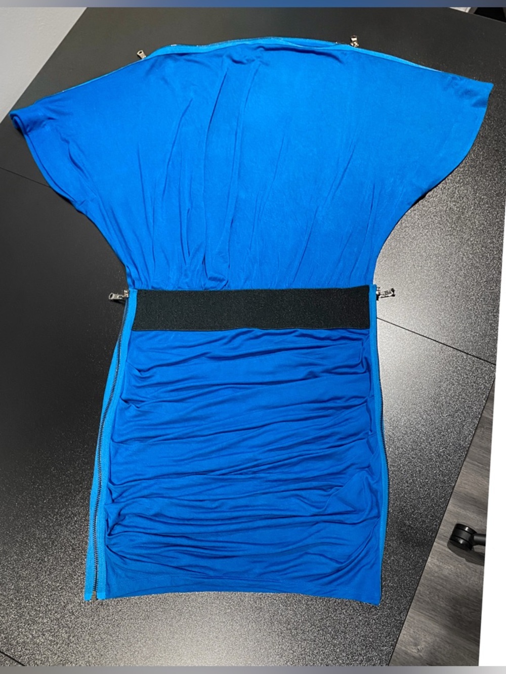 bebe Blue Off the Shoulder Mini Dress with Ruched Skirt & Zippers
